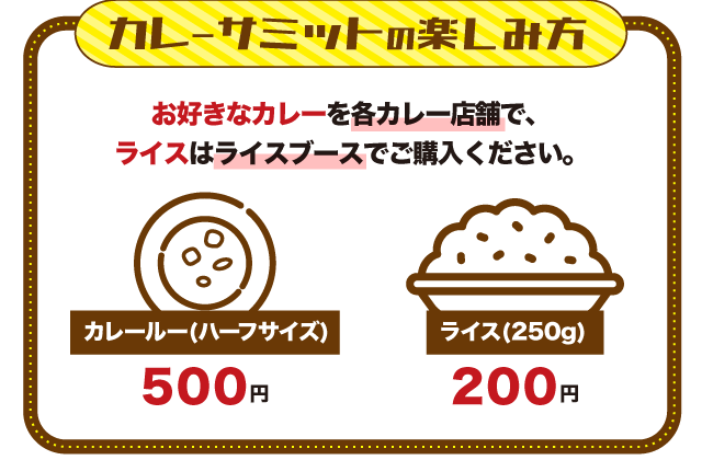 お好きなカレーを各カレー店舗にてカレールー(ハーフサイズ)を500円で、ライス(250g)はライスブースにて200円でご購入ください。
